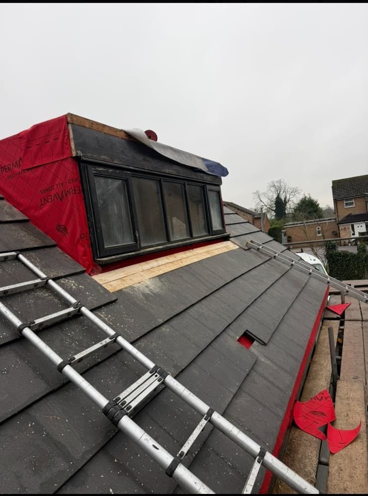 Slate roof with dormer window and safety ladder in progress